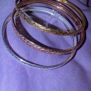 Tri-Color Textured Bangle Set - Gold, Rose Gold, Silver